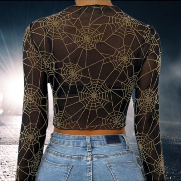 Black Sheer Top with Gold Spider Webs Stretchy Long Sleeved Seemed Detail - Picture 2 of 8